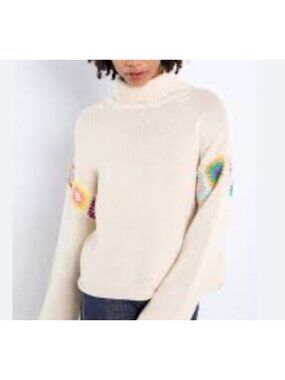Lisa Todd Size Sweater Size Small Beige Loop Sweater Colorful Crochet Arm Detail